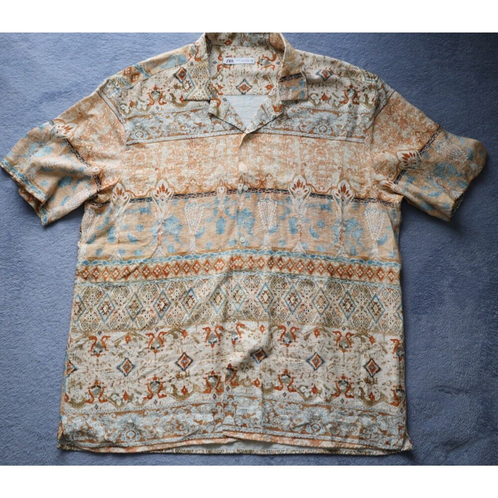 Zara Mens XL Ornate Paisley Button Up Shirt Short Sleeve Camp Collar